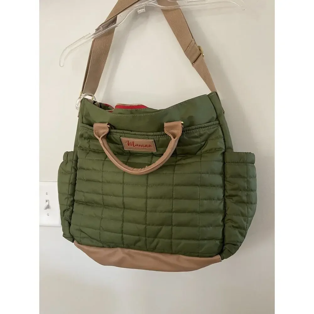 Maman New York Designer Diaper Bag With Matching Changing Pad Green, Tan Handles